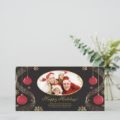 赤エレガントと金ゴールドのオーナメントクリスマスフォトカード。 シーズンカード (スタンド正面)