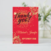 赤エレガントと金ゴールドのカスタムウェディング サンキューカード (スタンド正面)