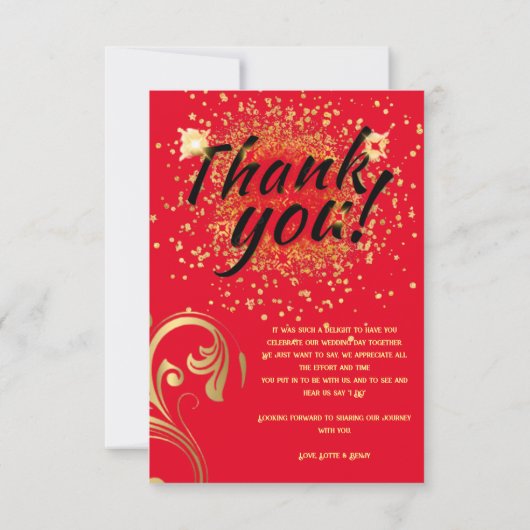 赤エレガントと金ゴールドのカスタムウェディング サンキューカード (裏面)