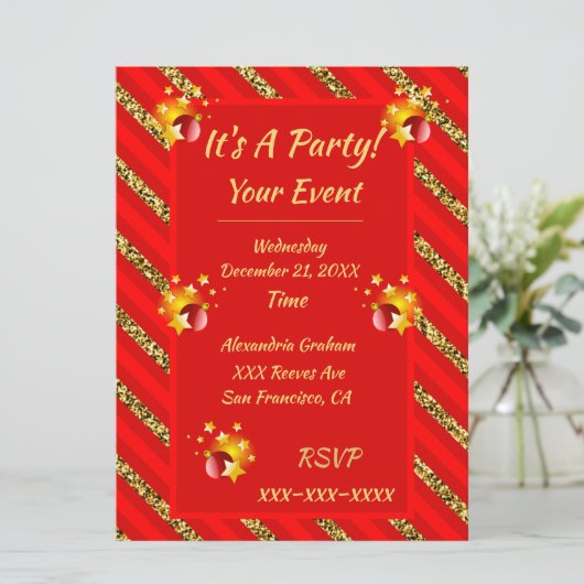 赤エレガントと金ゴールドのグリッターストライプクリスマスパーティー 招待状 (スタンド正面)