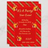 赤エレガントと金ゴールドのグリッターストライプクリスマスパーティー 招待状 (正面/裏面)
