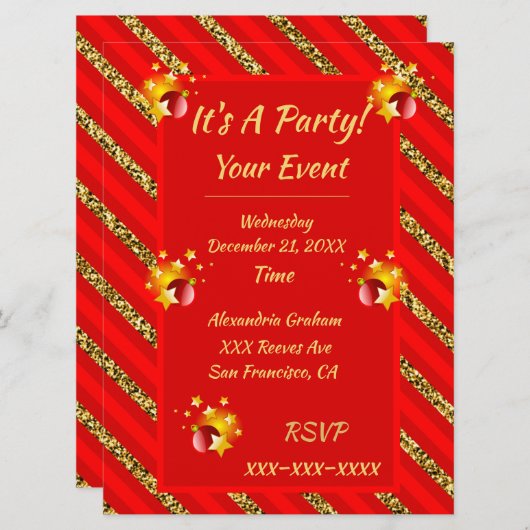 赤エレガントと金ゴールドのグリッターストライプクリスマスパーティー 招待状 (正面/裏面)