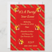 赤エレガントと金ゴールドのグリッターストライプクリスマスパーティー 招待状 (正面)