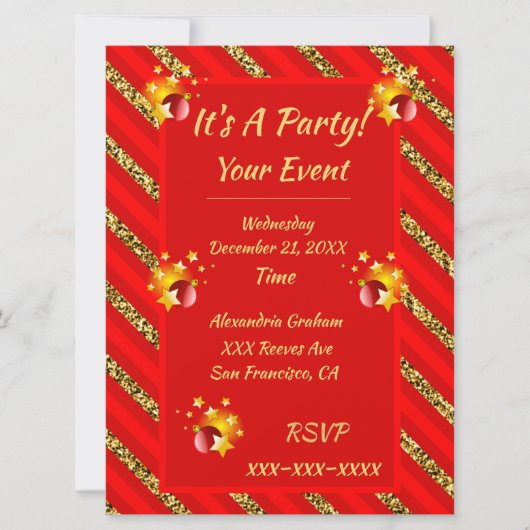 赤エレガントと金ゴールドのグリッターストライプクリスマスパーティー 招待状 (正面)