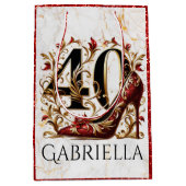 赤エレガントと金ゴールドのグリッターハイヒール40th誕生日 ミディアムペーパーバッグ (正面)