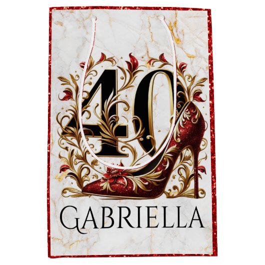 赤エレガントと金ゴールドのグリッターハイヒール40th誕生日 ミディアムペーパーバッグ (正面)