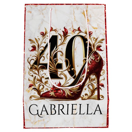 赤エレガントと金ゴールドのグリッターハイヒール40th誕生日 ミディアムペーパーバッグ (裏面)