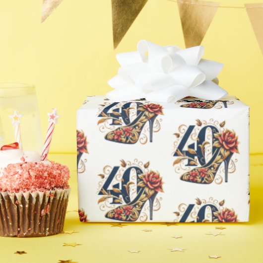 赤エレガントと金ゴールドのグリッターハイヒール40th誕生日 ラッピングペーパー (誕生日パーティー)