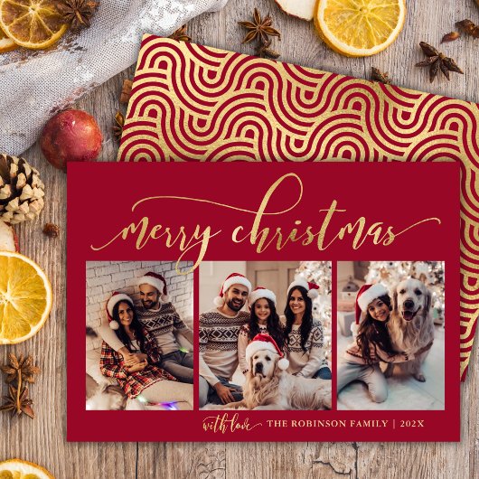 赤エレガントと金ゴールドのスクリプト3写真クリスマス シーズンカード