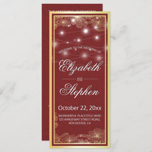 赤エレガントと金ゴールドのフローラフレーム結婚式 プログラム (正面/裏面)