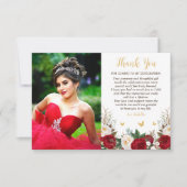 赤エレガントと金ゴールドのフローラ写真キンチェニェラ サンキューカード (正面)