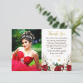 赤エレガントと金ゴールドのフローラ写真キンチェニェラ サンキューカード (スタンド正面)