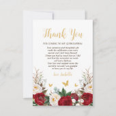 赤エレガントと金ゴールドのフローラ写真キンチェニェラ サンキューカード (正面)