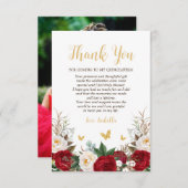 赤エレガントと金ゴールドのフローラ写真キンチェニェラ サンキューカード (正面/裏面)