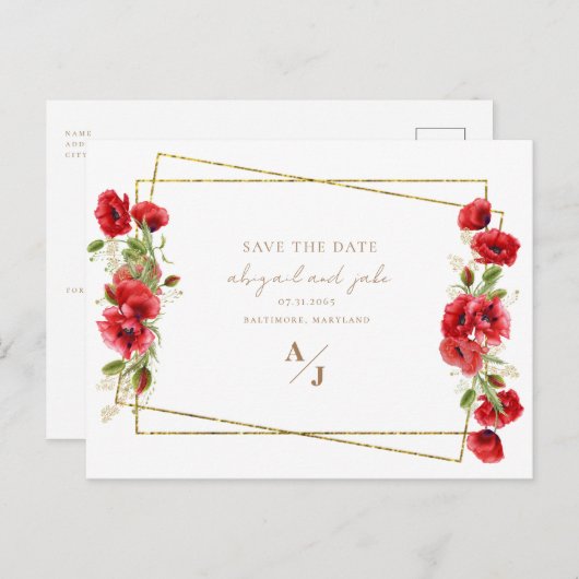 赤エレガントと金ゴールドのフローラ結婚式の日付を保存 ポストカード (正面/裏面)