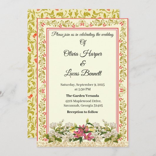 赤エレガントと金ゴールドのフローラ結婚式招待状 招待状 (正面/裏面)