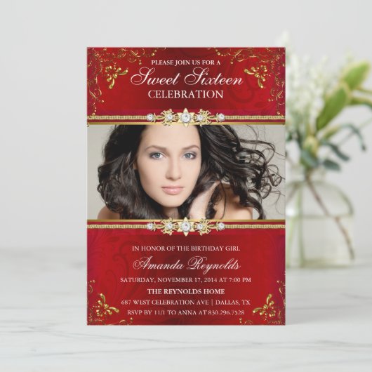 赤エレガントと金ゴールドのフローラSweet sixteen招待状 招待状 (スタンド正面)