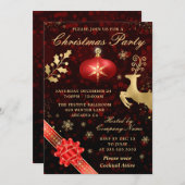 赤エレガントと金ゴールドのボーブルとリボンクリスマスパーティー 招待状 (正面/裏面)