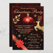 赤エレガントと金ゴールドのボーブルとリボンクリスマスパーティー 招待状 (正面/裏面)