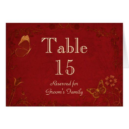 赤エレガントと金ゴールドのヴィンテージテーブルの座席名カード (正面横)
