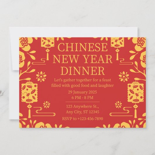 赤エレガントと金ゴールドの中国の新年のディナー 招待状 (正面)