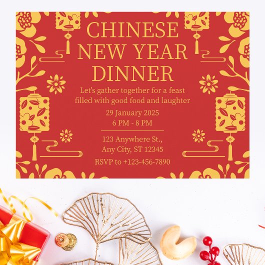 赤エレガントと金ゴールドの中国の新年のディナー 招待状