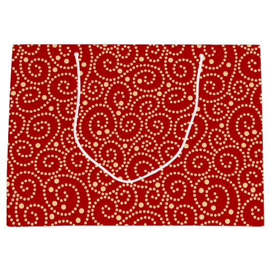 赤エレガントと金ゴールドの渦巻きパターン ラージペーパーバッグ (正面)