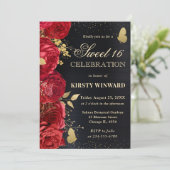 赤エレガントと金ゴールドの花のSweet sixteen 招待状 (スタンド正面)