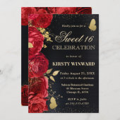 赤エレガントと金ゴールドの花のSweet sixteen 招待状 (正面/裏面)