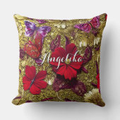 赤エレガントと金ゴールドの花パーソナライズされた名 クッション (正面)