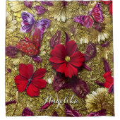 赤エレガントと金ゴールドの花パーソナライズされた名 シャワーカーテン (正面)