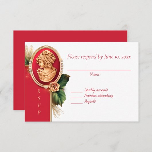 赤エレガントと金ゴールドのCameoの結婚応答カード 出欠カード (正面/裏面)