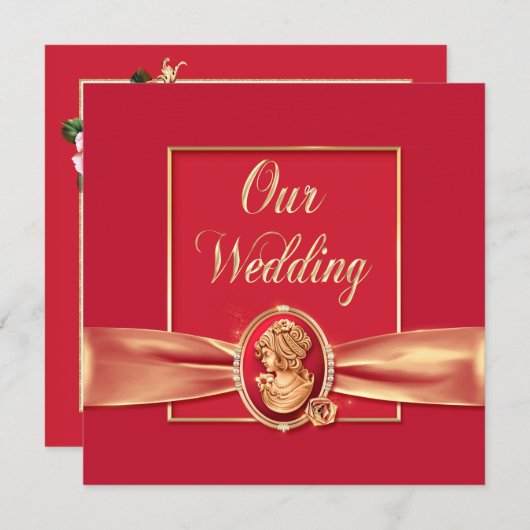 赤エレガントと金ゴールドカメオ招待状 招待状 (正面/裏面)