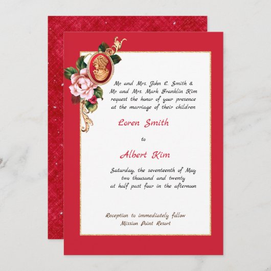 赤エレガントと金ゴールドカメオ招待状 招待状 (正面/裏面)
