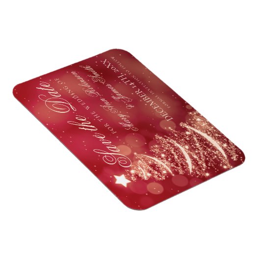 赤エレガントと金ゴールドクリスマス結婚式の日付を保存 マグネット (右側)