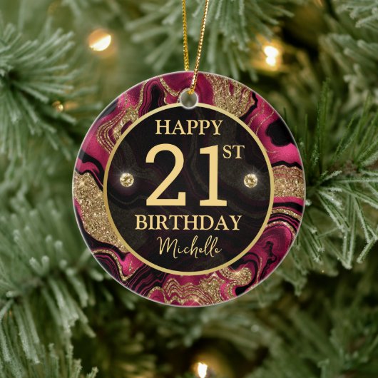 赤エレガントと金ゴールドグリッターアゲート誕生日 セラミックオーナメント (ツリー)