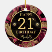 赤エレガントと金ゴールドグリッターアゲート誕生日 セラミックオーナメント (裏面)