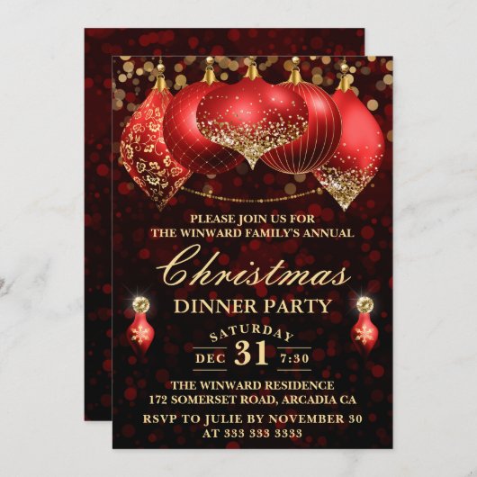 赤エレガントと金ゴールドバウブルクリスマスディナーパーティー 招待状 (正面/裏面)