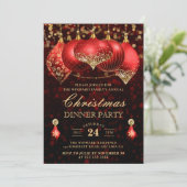 赤エレガントと金ゴールドバウブルクリスマスディナーパーティー 招待状 (スタンド正面)