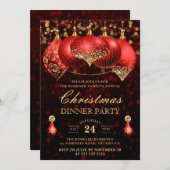 赤エレガントと金ゴールドバウブルクリスマスディナーパーティー 招待状 (正面/裏面)
