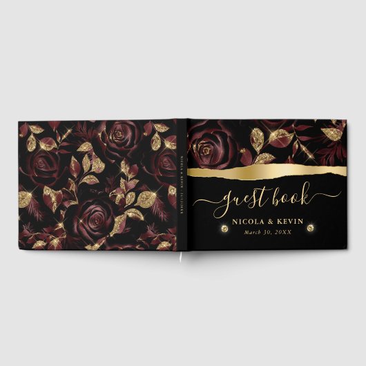赤エレガントと金ゴールドバラのフローラ結婚 ゲストブック (全面)