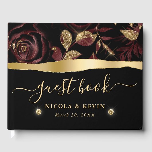 赤エレガントと金ゴールドバラのフローラ結婚 ゲストブック (正面)