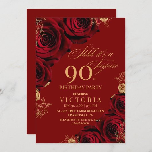 赤エレガントと金ゴールドバラフローラ90誕生日 招待状 (正面/裏面)