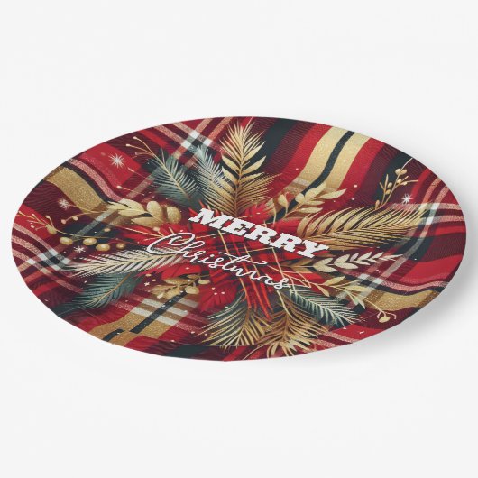 赤エレガントと金ゴールドフェスティバルの格子縞 ペーパープレート (アングル)