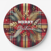 赤エレガントと金ゴールドフェスティバルの格子縞 ペーパープレート (正面)