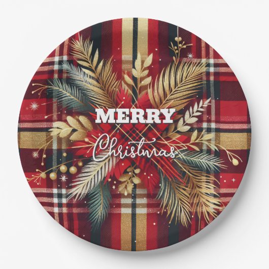 赤エレガントと金ゴールドフェスティバルの格子縞 ペーパープレート (正面)