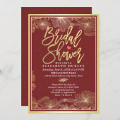 赤エレガントと金ゴールドフローラブライダルシャワー招待 招待状 (正面/裏面)