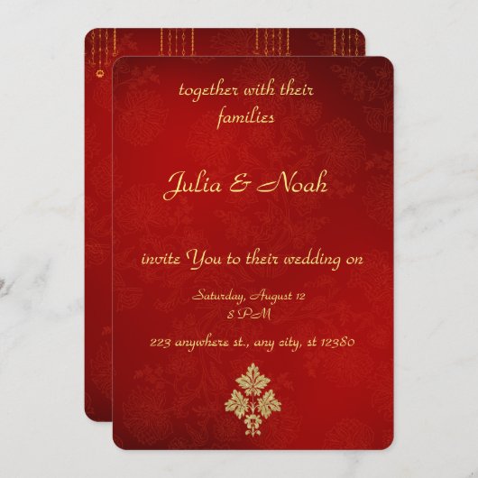 赤エレガントと金ゴールドフローラ結婚式招待状 招待状 (正面/裏面)