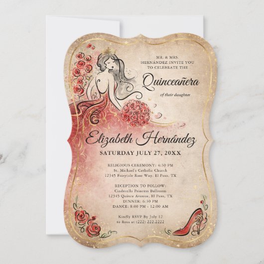 赤エレガントと金ゴールドプリンセスキンセアニェラ誕生日 招待状 (正面)