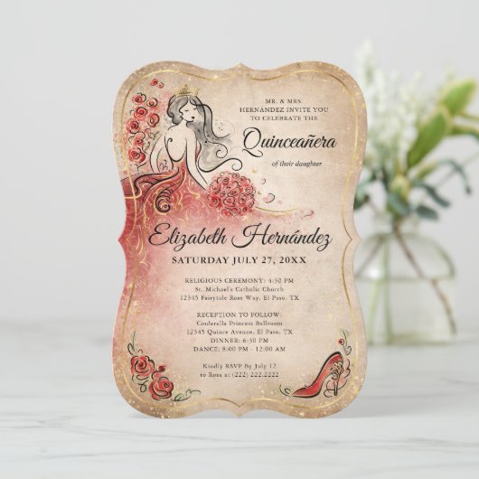 赤エレガントと金ゴールドプリンセスキンセアニェラ誕生日 招待状 (スタンド正面)